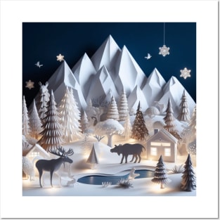 Beautiful Paper Art Style Winter Wildlife Scene Posters and Art